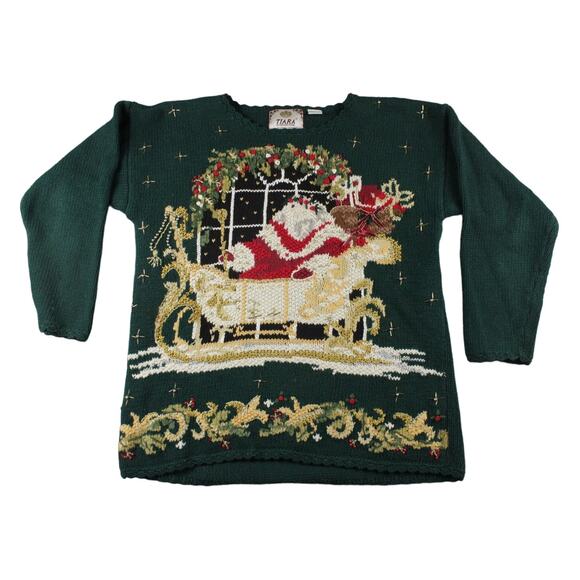 VTG Christmas Sweater Santa Womens Sz M Tiara Int. Crochet Beaded Ugly Party - Picture 1 of 11